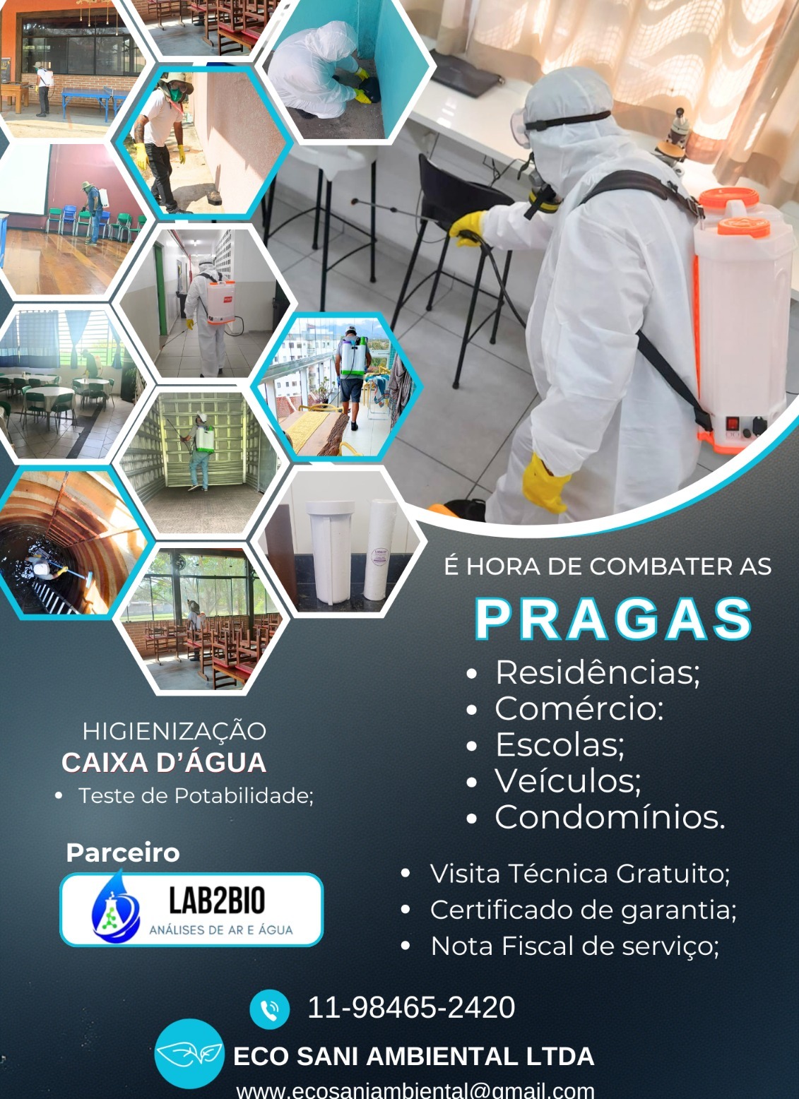 flyer de dedetização com colagem de fotos hexagonais de profissionais pulverizando e texto de serviços